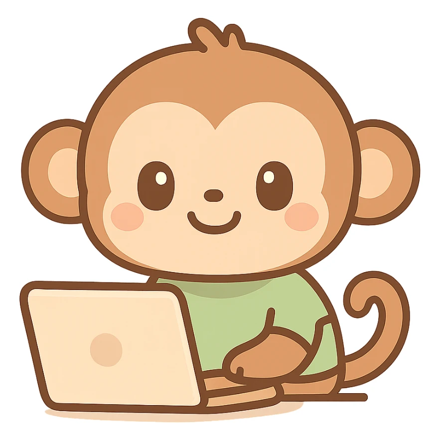 cute cartoon monkey using a laptop, smiling, wearing a green shirt sticker