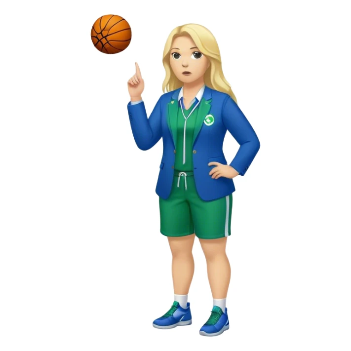 Full Body white plus size female basketball head coach with whistle with long blonde hair in a blue and green suit sticker
