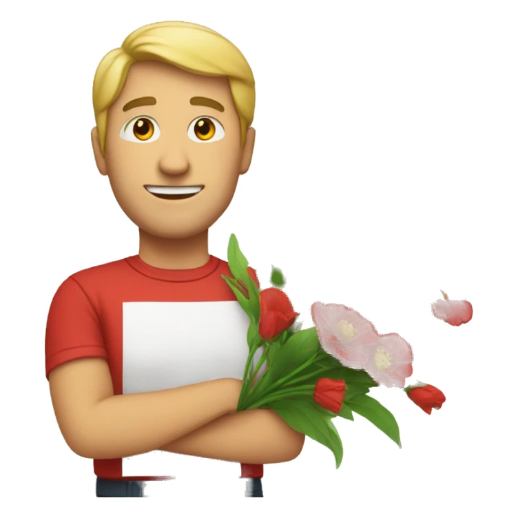 white man have red teeshirt and have a flowers sticker