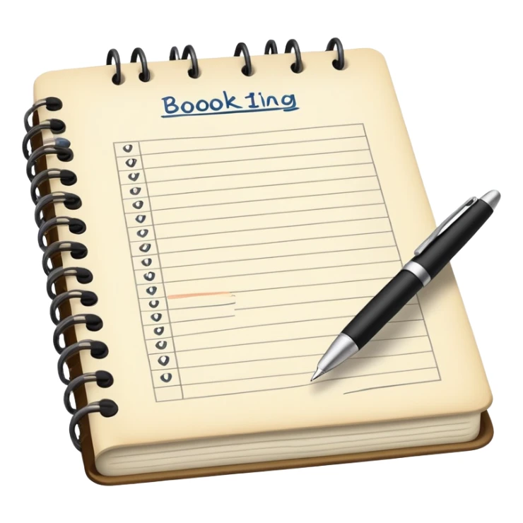 old-style booking in a paper notebook with a pen nearby sticker