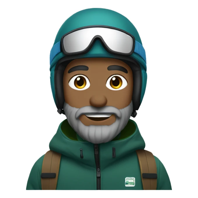 Snowboarder, black helmet, blue eyes, grey beard, dark green jacket sticker