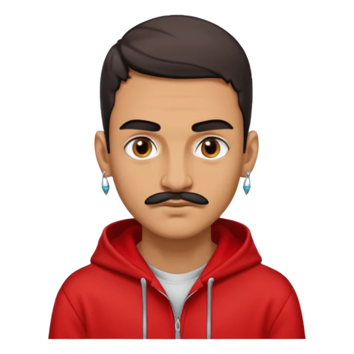 Man with thick eyebrows slit on the right with a long nose, then lips, small mustache earrings, red hoodie with graffiti sticker