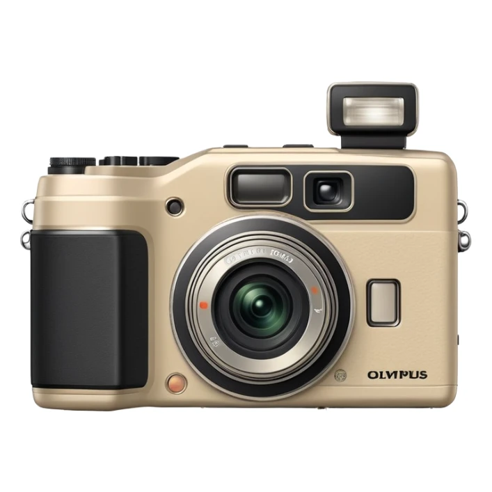 Olympus Superzoom 70G camera, grayish-beige color, accurate representation with correct proportions and silhouette, compact rectangular body with rounded edges, small viewfinder, built-in flash unit on top, lens with zoom functionality, exactly matching the real Olympus Superzoom 70G design sticker