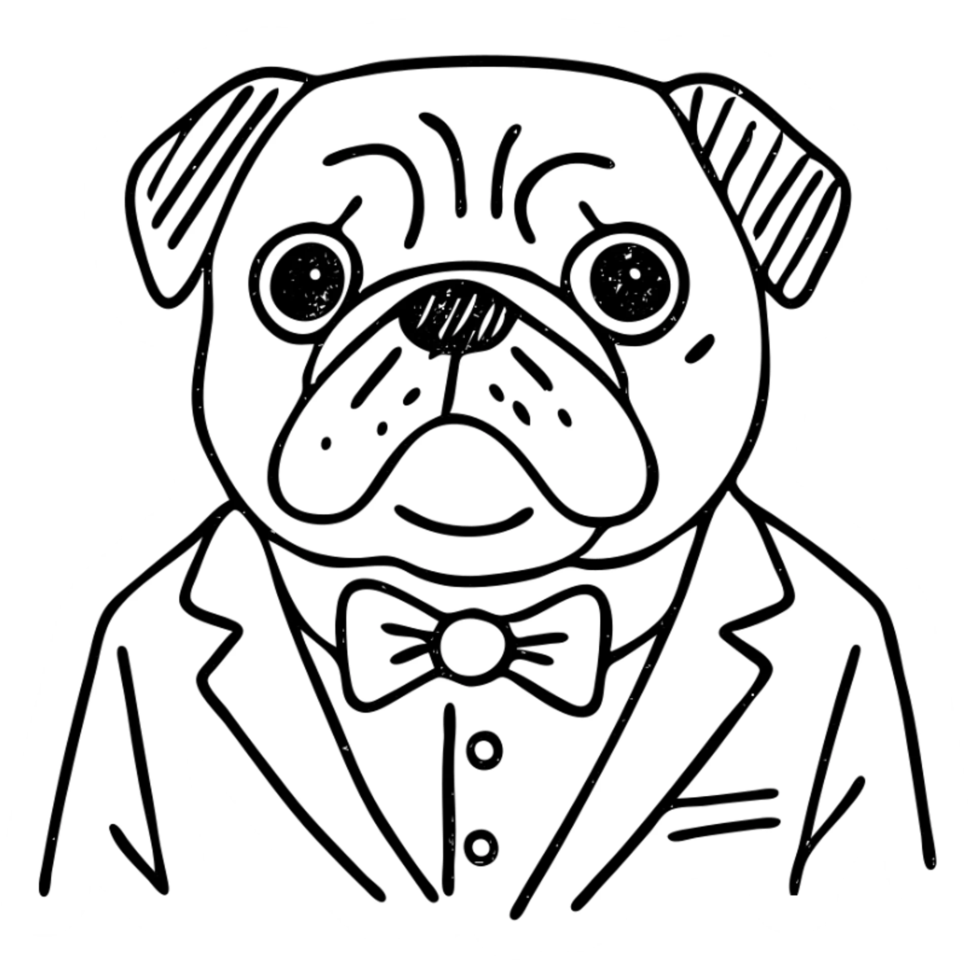 pug in a tuxedo, hand drawn outlined icon sticker