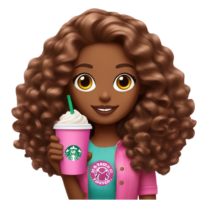 Barbie girl with brown long curly hair holding Pink starbucks refresher sticker