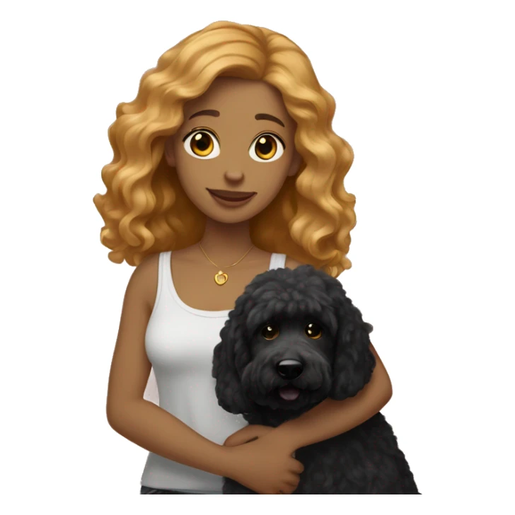 girl with medium hair strawberry blonde holding black goldendoodle sticker