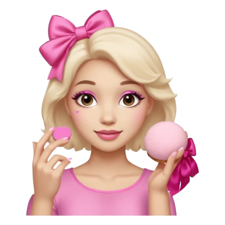 female face, light skin tone, small simple closed smile. One hand visible holding a round fluffy pink makeup powder puff pressed to the cheek; the puff has a small satin bow. sticker