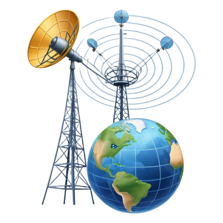 An icon featuring a satellite dish, cell tower with signal waves, and an earth, connected by lines, symbolizing telecommunications. The design includes data signals, network nodes, and a mobile device, representing global digital communication. Transparent background sticker