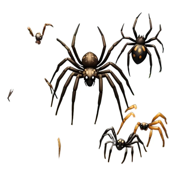 Collage of various spiders, including tarantulas and other exotic species, inside a  terrarium with webs and natural décor. Close-up shots of their intricate legs, eyes, and fuzzy bodies. Soft lighting, transparent background. sticker