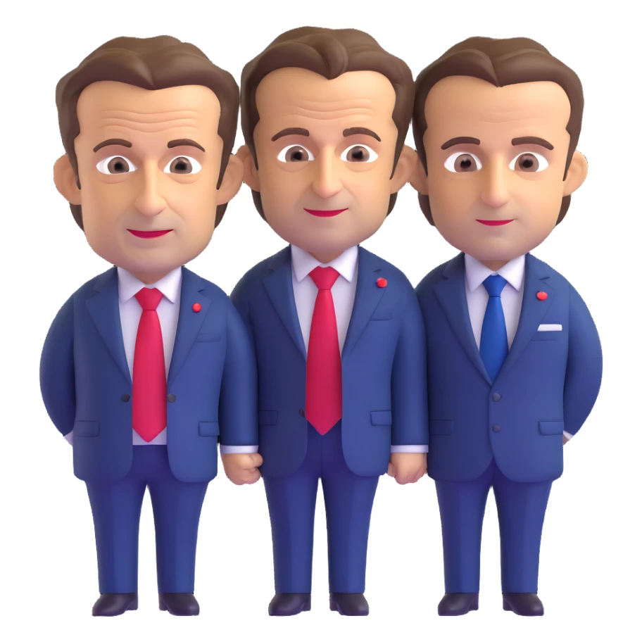 3D chibi caricature of Nicolas Sarkozy and Emmanuel Macron, standing together, oversized heads, small realistic bodies, navy suits, Sarkozy with blue tie, Macron with red tie, realistic faces, soft lighting sticker