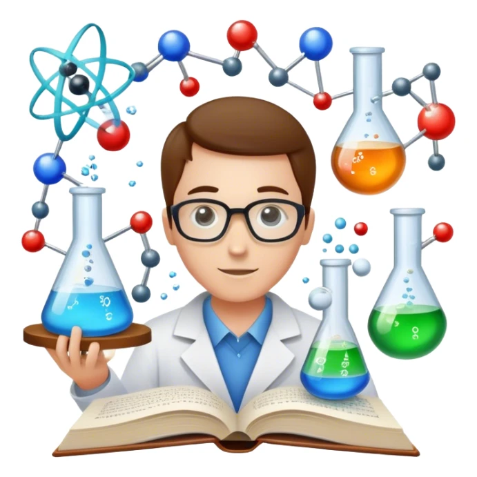 Icon for Scientific and Educational Reading: an open book with mathematical and physical formulas on the pages, with molecules and atoms flying out. On the desk are test tubes, flasks, and a microscope. Transparent background. sticker
