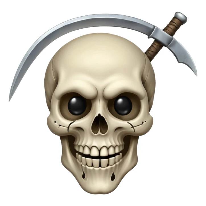 A laughing skull with a scythe crossed behind it, one eye socket winking. Clean, stylized lines, flat vector. Medieval woodcut style. Black and white with one accent color (tarnished silver). No background. sticker
