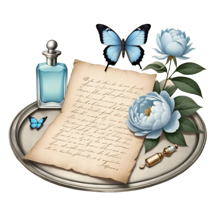 A nostalgic evening scene where an open love letter, with elegantly fading ink, lies next to a silver tray holding a vintage perfume bottle. A single pale blue butterfly lands gently on the aged parchment, as the soft scent of jasmine and peonies fills the air. sticker
