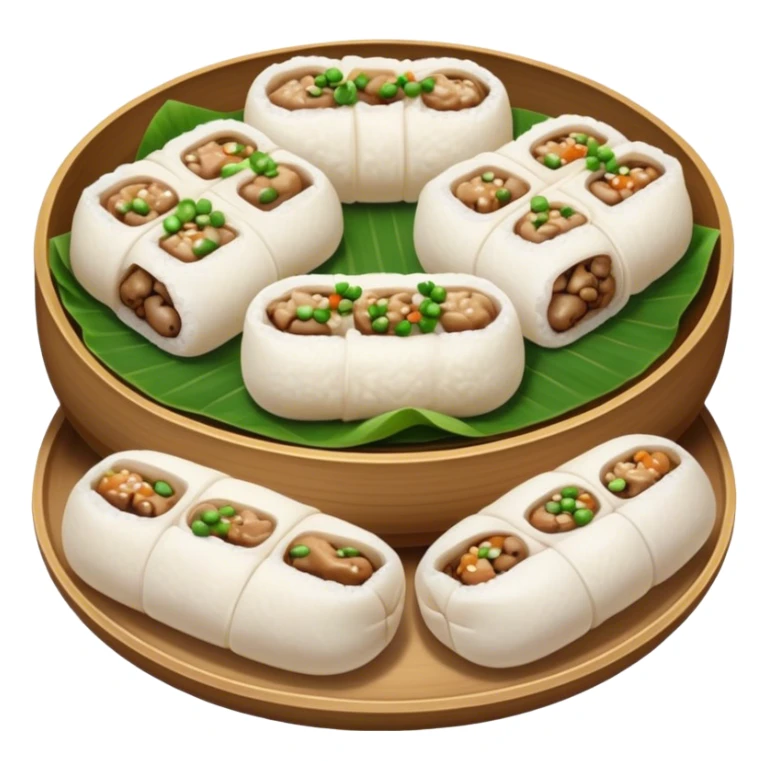 Cinematic Realistic B√°nh cu·ªën Dish Emoji, featuring steamed rice rolls filled with savory minced pork and mushrooms rendered with soft textures and inviting, warm lighting. sticker