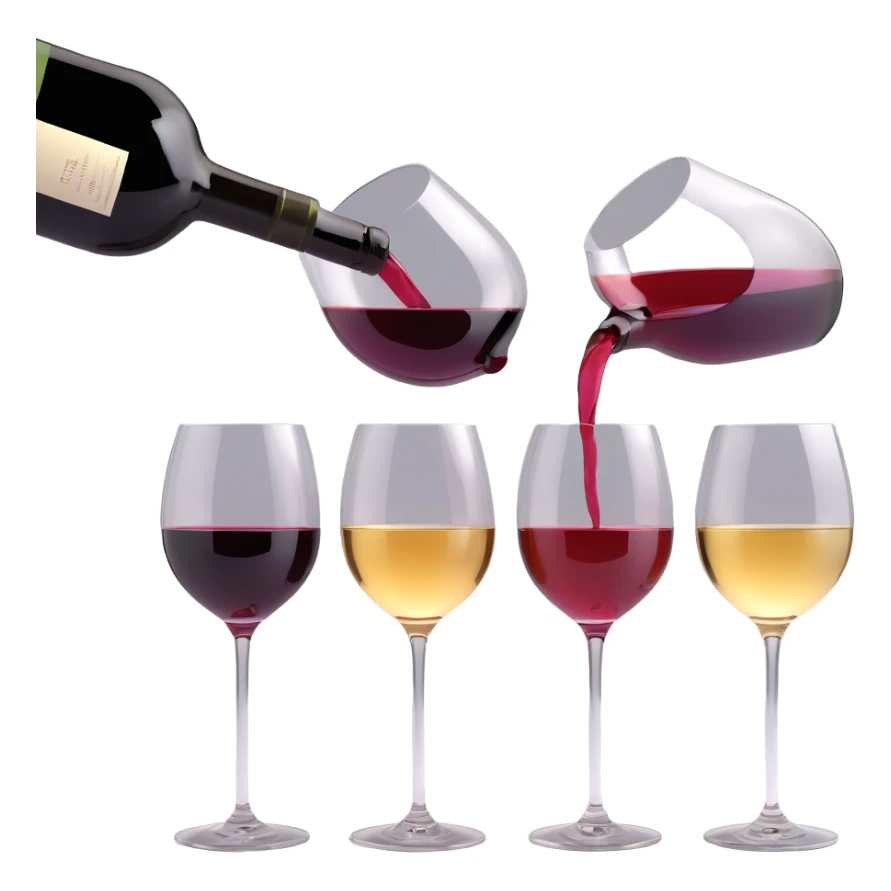 3D illustration style wine tasting scene, pouring wine into multiple wine glasses, wine bottles and glasses depicted with dimensionality, diverse wine colors visible, no background sticker