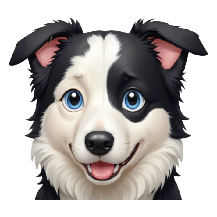 Cinematic Comical Border Collie Portrait Emoji, Head tilted dramatically with an exaggeratedly shocked or offended expression, featuring a striking black and white coat and wide, expressive blue eyes filled with exaggerated disbelief, Simplified yet hilariously expressive features, highly detailed, glowing with a slightly sassy glow, high shine, dramatic yet playful, stylized with an air of attitude, bright and endearing, soft glowing outline, capturing the essence of a sassy and over-the-top herder, so meme-worthy it feels like it could side-eye its way into internet fame instantly! sticker