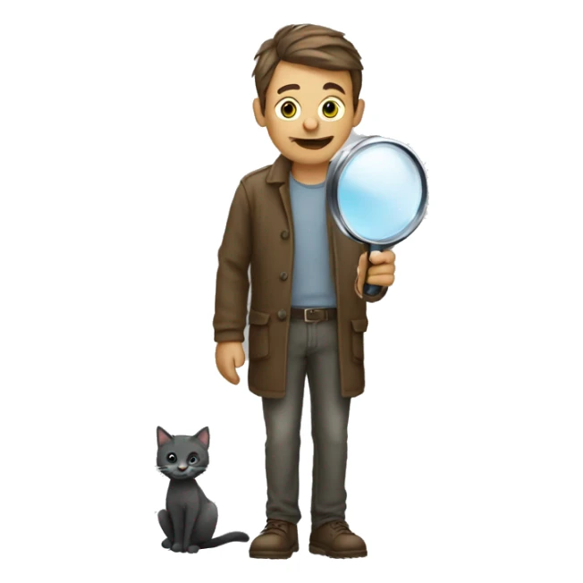 man standing, holding a magnifying glass, looking for cats on the street, no background sticker