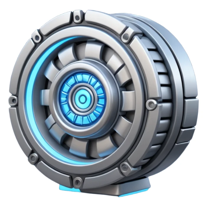 Powerful half-futuristic half-modern gray colored big engine emoji, thick industrial metal body, rotating inner parts, glowing energy core.

 sticker