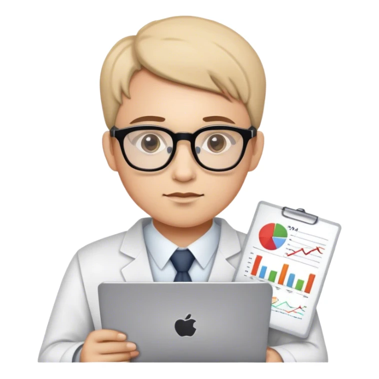 Emoji of an analyst: wearing glasses, focused expression, holding a graph, chart, or laptop, symbolizing data analysis and insights. sticker
