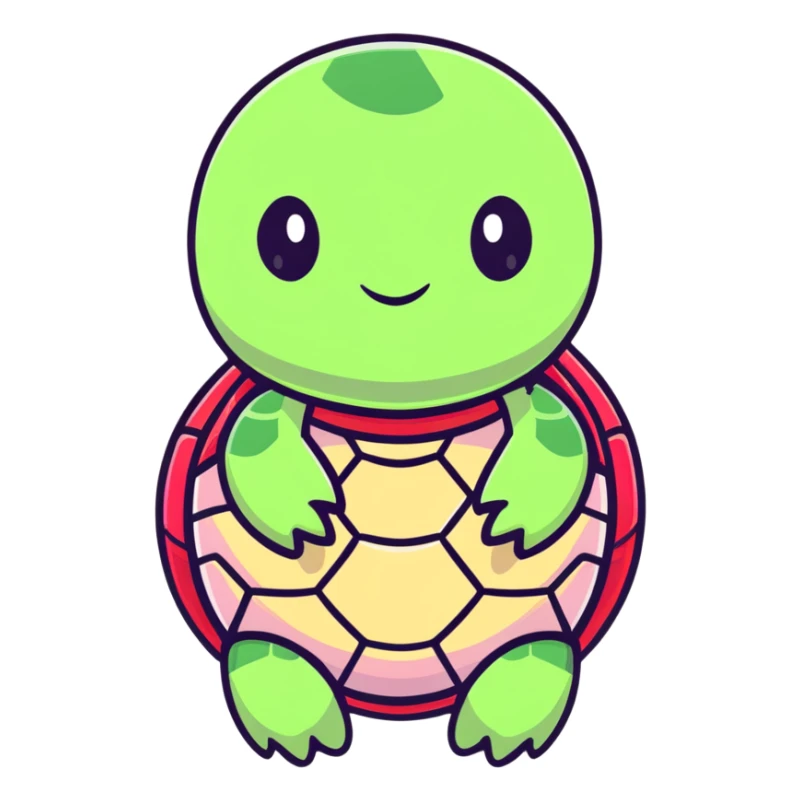 cute plushie turtle with light pink skin, round head, and red shell, smooth skin texture sticker