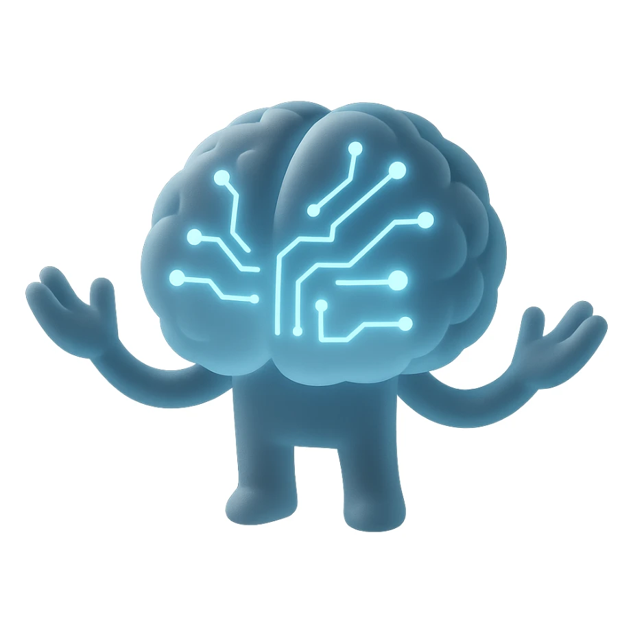 futuristic AI brain with glowing circuits and open arms in matte glass style sticker