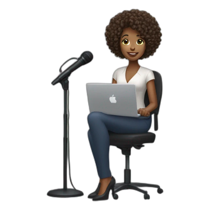 black woman, curly hair, news reporter with microphone sticker