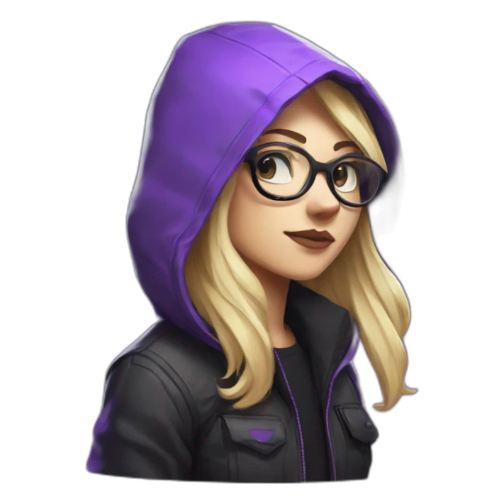 Girl blond developer with round glasses left side behind his laptop with this style: Valorant Riot Game purple character purple black hooded hacker  sticker