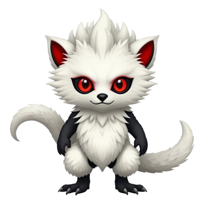 a white exotic edgy vernid-fionbri-creature, with black belly and red eyes, full body sticker
