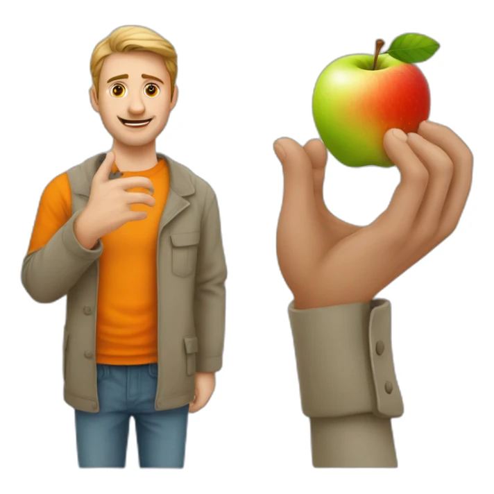 mann in linke hand mit apple rechte hand mit orange sticker