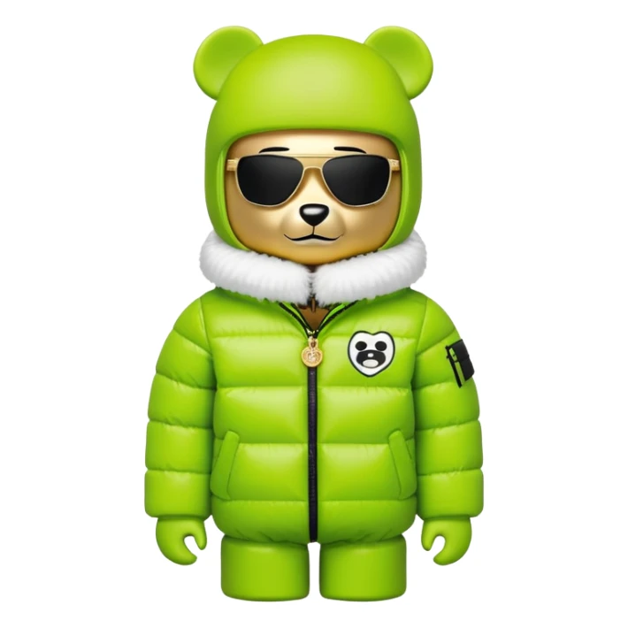 authentic cubic bearbrick figure with block head, wearing lime green balaclava with integrated black visor lens at eye area, oversized Supreme logo puffer jacket with large fur collar and fur trim, gold chains sticker