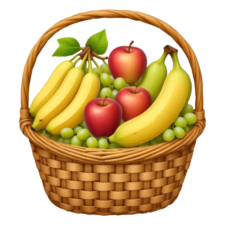 A wicker basket filled with apples, grapes, and bananas.






































 sticker