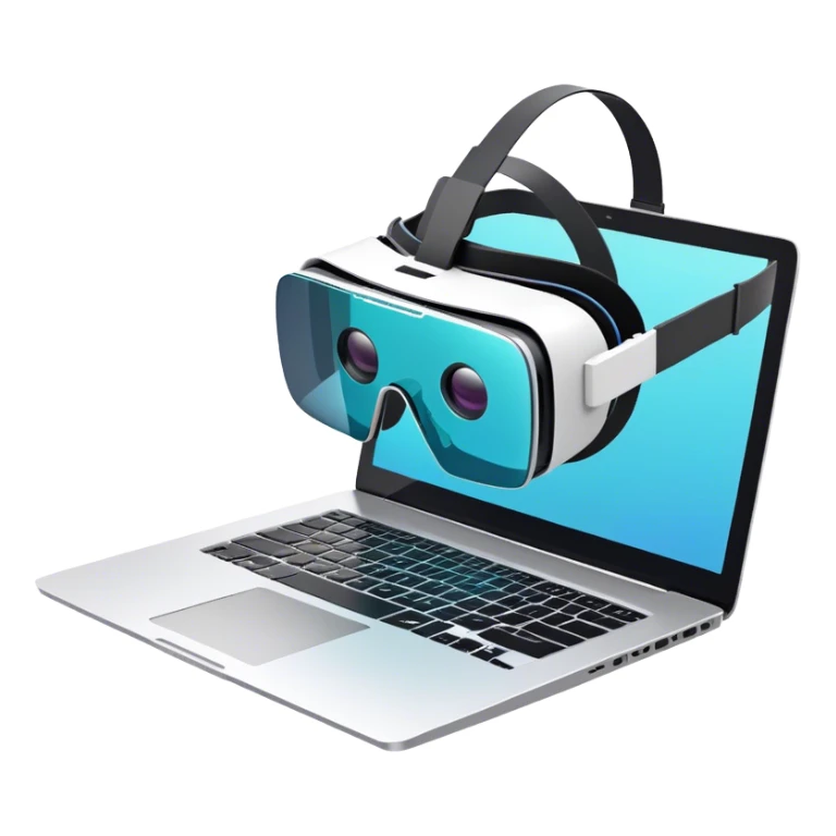 VR headset lying next to a laptop, connected by wires. On the laptop screen a VR/AR modeling program is opened. Floating 3D models or virtual objects. Modern, tech-inspired colors. No emojis or smiley faces. Transparent background. sticker