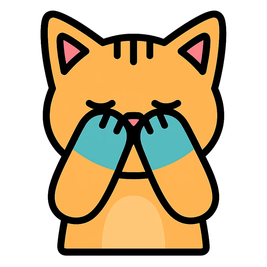 cat covering its face with its paws, color outline icon style sticker