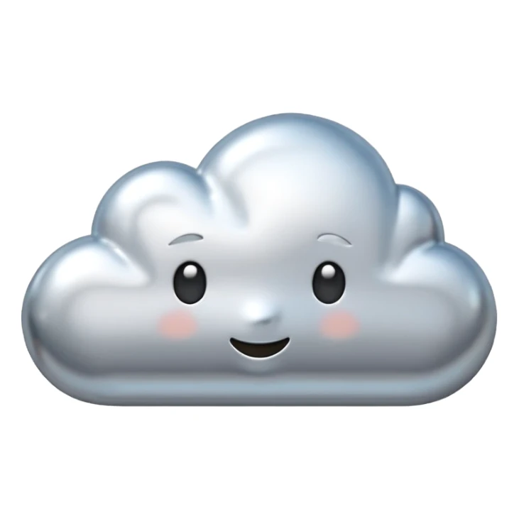 A cute cloud emoji made of silver chrome, smooth rounded shape, glossy metallic surface, soft reflections, minimal and friendly design, iOS emoji style, centered, clean white background, soft lighting sticker