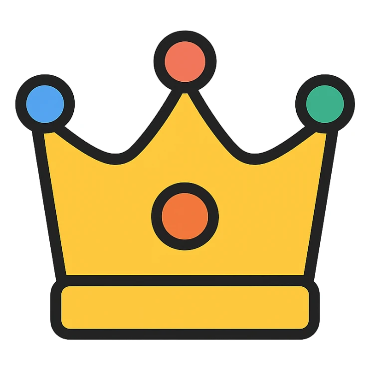 vector icon of a gold crown with colorful elements, elegant and minimalist flat design, award badge style, 2D flat vector, trending icon look, soft shadows, no text, commercial use, isolated on white background sticker