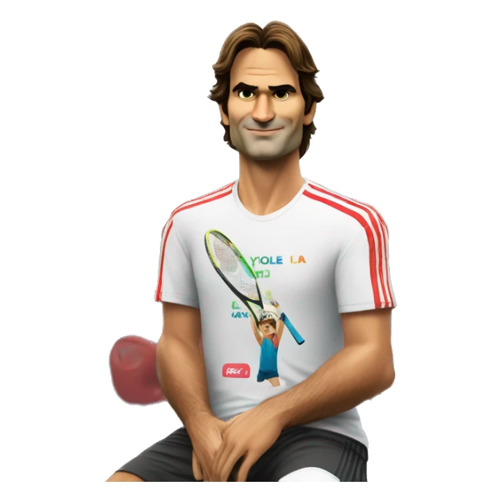 Roger federer with a Tshirt saying "La multi ani, Alex Coman! You are my role model" sticker
