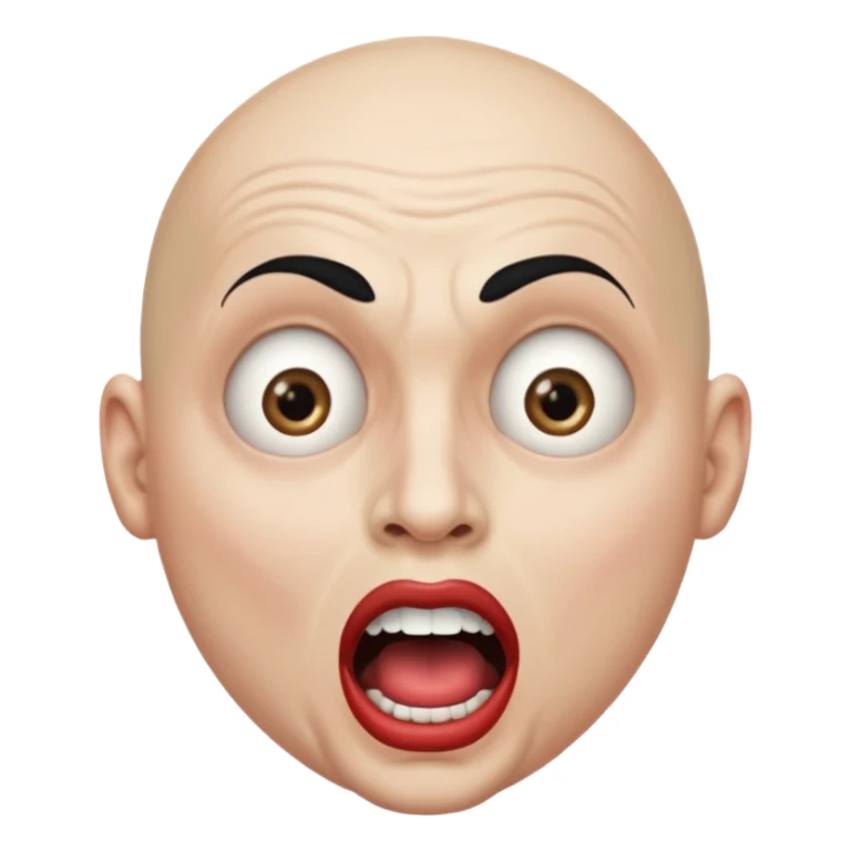 a bald cabaret actor with a white, dry, long, made-up face and heavily made-up eyes and mouth, a huge, wide-open mouth and a startled look sticker