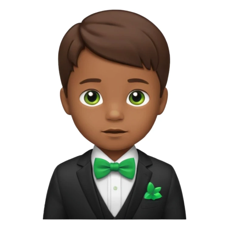 baby boy brown hair in suit, with green bow sticker