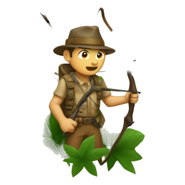 Hunter with a bow looking at an animal hiding behind leaves sticker