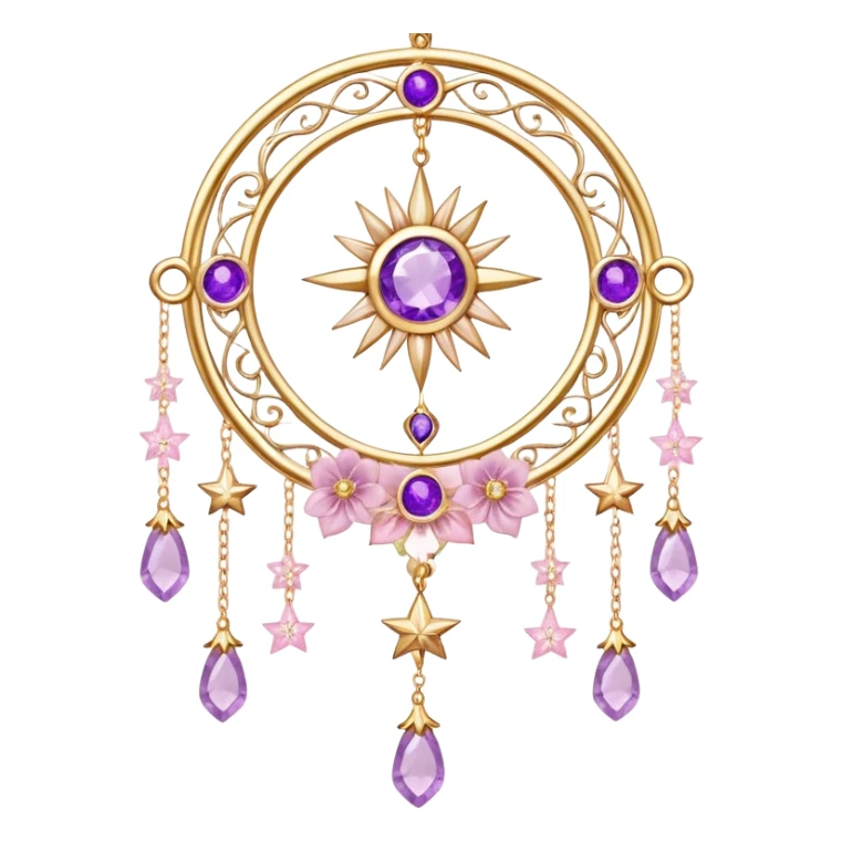 Epic Hanging gold suncatcher, threads with shiny sparkly amethyst and rose-quartz gemstones, flowers, moons, stars, sticker