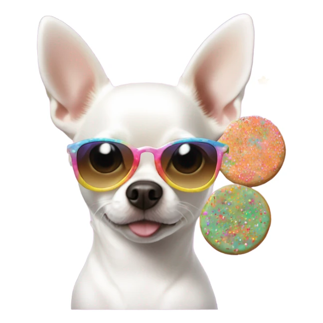 White Chihuahua with aviator sunglasses and a sprinkle cookie sticker