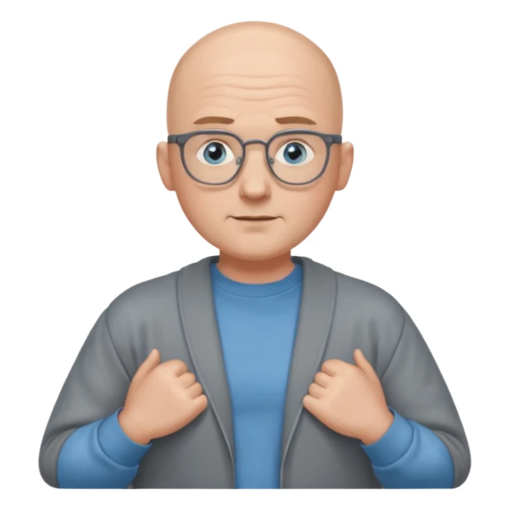 bald man with blue eyes and eye glasses big shrugging sticker