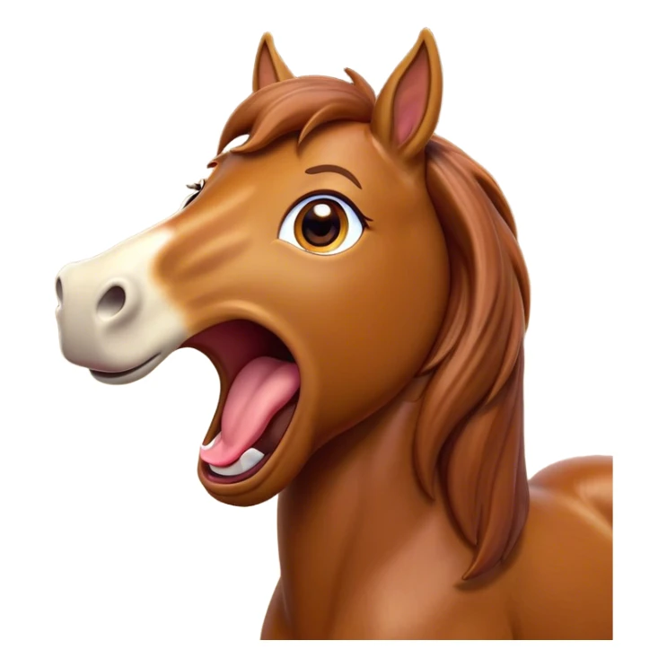 Cinematic Cute Yawning Chestnut Horse Portrait Emoji, Head tilted slightly with a dramatic, wide-open yawn, revealing a smooth chestnut fur with a subtle shimmer, floppy ears slightly drooping, round amber eyes barely open in drowsy contentment, Simplified yet irresistibly adorable features, highly detailed, glowing with a soft, cozy glow, high shine, relaxed yet expressive, stylized with a touch of equine whimsy, bright and endearing, soft glowing outline, capturing the essence of a sleepy yet affectionate horse, so drowsy it feels like it could stretch out of the screen and curl up for a nap! sticker