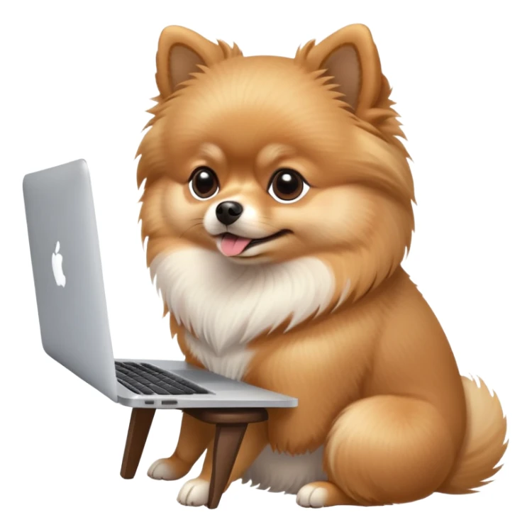 A cute Pomeranian dog working on a MacBook, side view, sitting on a chair, focused expression sticker
