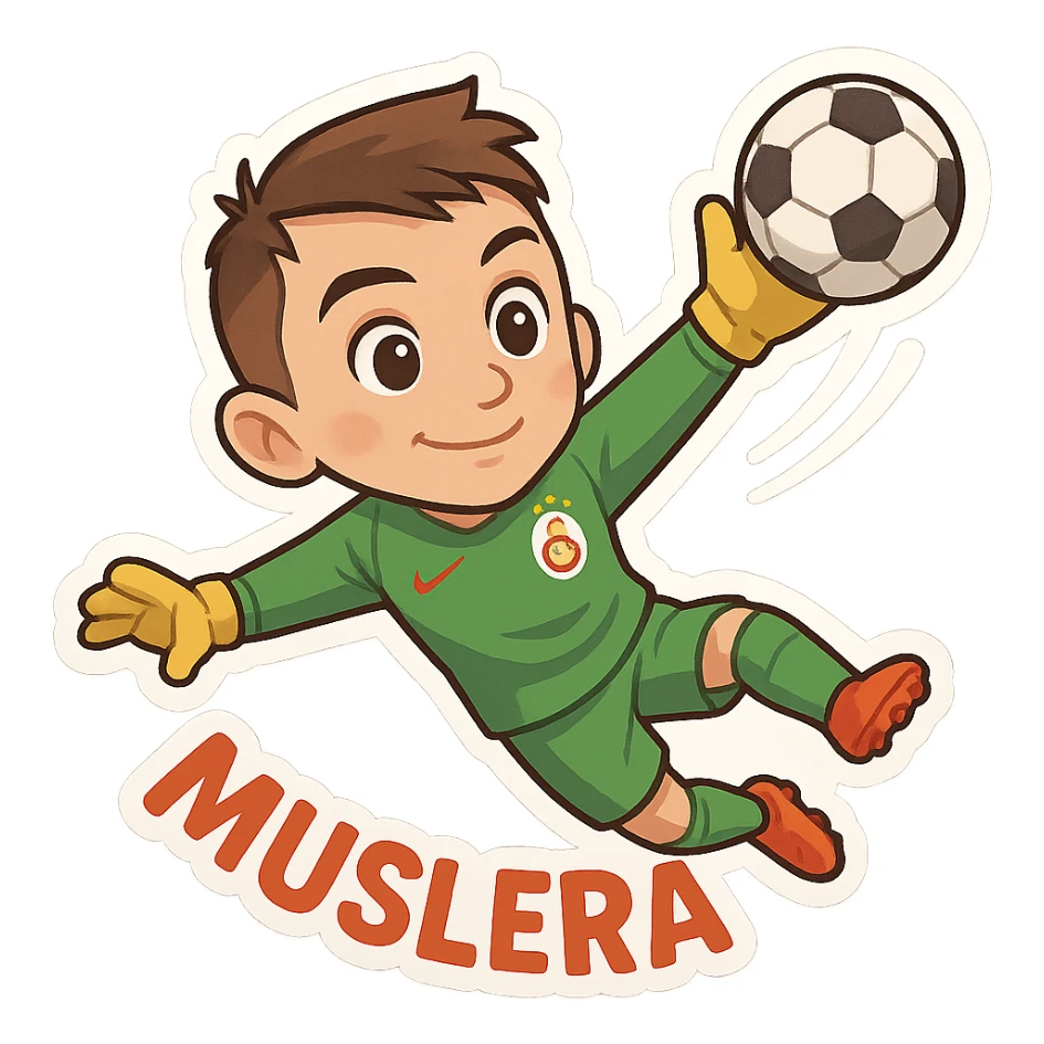 Muslera making a save in a dynamic pose, in Galatasaray colors, fun and caricature style sticker