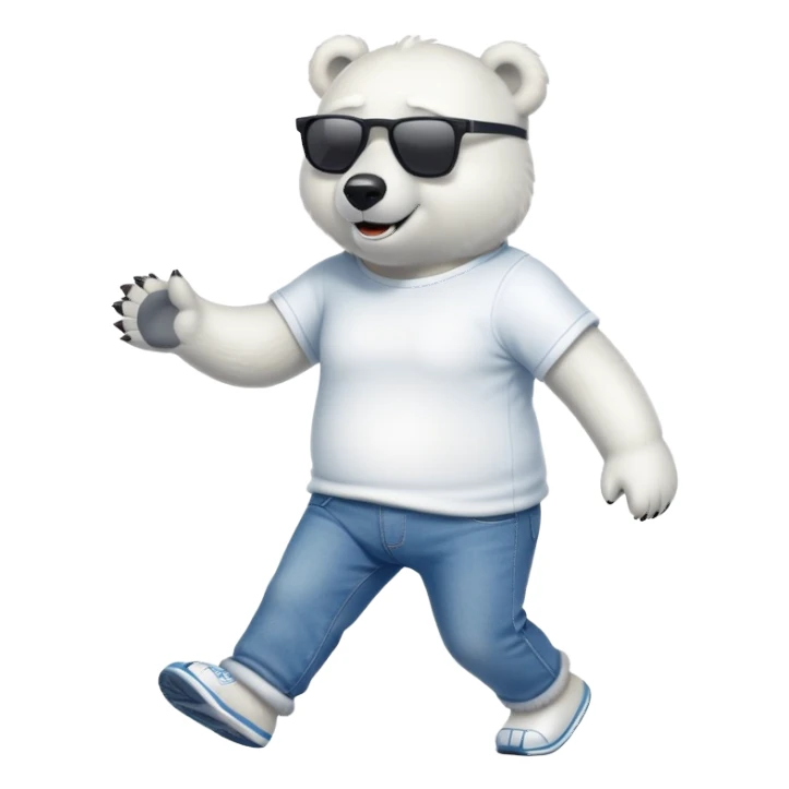 friendly anthropomorphised polar bear in jeans and a t-shirt, wearing dark sunglasses, jogging upright, relaxed pose sticker