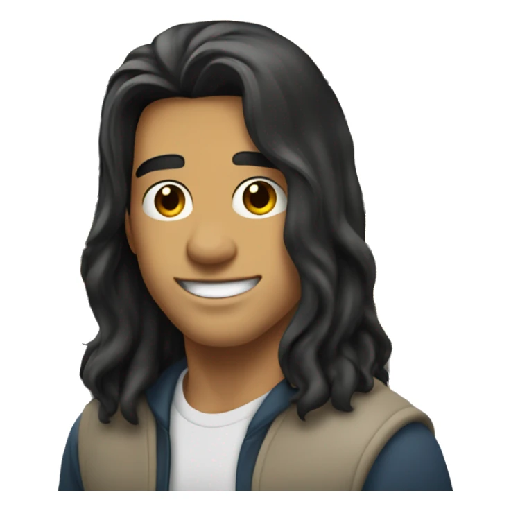 handsome man with long black hair combed back, leaning back against the school bus, white-skinned American sticker