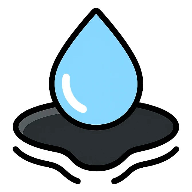 light blue or silver water droplet sliding on glossy black mirror-like paint, main color glossy black, subtle repellent effect with water lines moving away, modern and clean icon sticker
