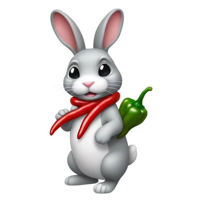 Gray and white rabbit holding a red chili pepper  sticker