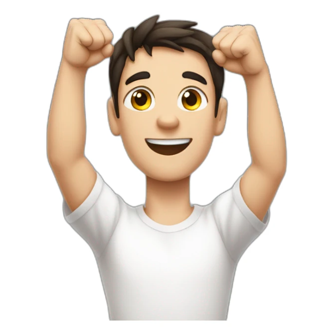 dark haired white young man in white t-shirt with both fists stretched high in victory sticker